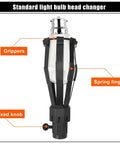 Close-up of a standard light bulb head changer with labeled parts: grippers, spring finger, and fixed knob for the 3 To 12 Foot Telescopic Light Bulb Changer Pole With Durable Metal Construction For High Ceilings And Recessed Lighting Reaches Fluorescent LEDs And Incandescent Bulbs With Easy Grip Rubber Base And Quick Lock Buckles For Stable Setup.