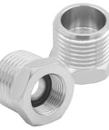 Two nickel-plated brass pipe fittings, 1/2 G male to 3/8 compression female reducer adapters.