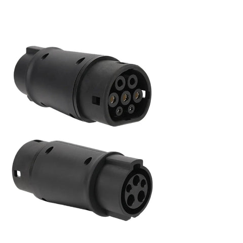 Type One To Type Two EV Charging Adapter Plug Connector handles up to 32 amps, showcasing two black connectors with pins.