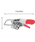 Two Pack Self Locking 304 Stainless Steel Toggle Clamp For Quick Press Door Bolts And Box Fixtures Side Mount Hold Down Buckle Clamp Tool Durable Cabinet Door Hardware, shown in side view with red handle and dimensions labeled.