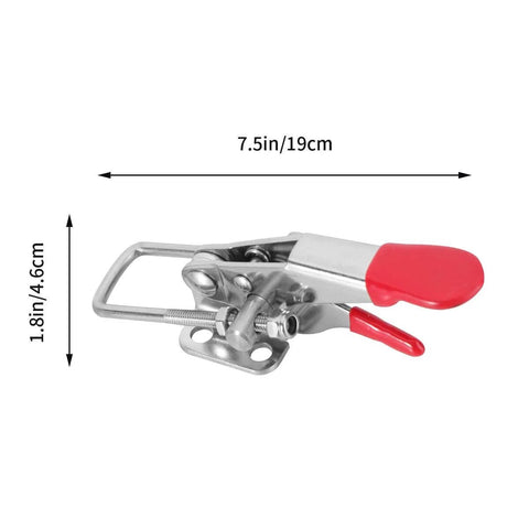 Two Pack Self Locking 304 Stainless Steel Toggle Clamp For Quick Press Door Bolts And Box Fixtures Side Mount Hold Down Buckle Clamp Tool Durable Cabinet Door Hardware, shown in side view with red handle and dimensions labeled.
