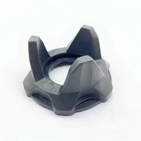 Clutch cam helix component in gray metal with circular bore and three-prong outer shape