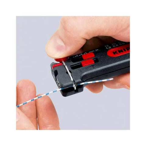 Close-up of Mini Wire Stripping Tool For AWG 18-28, Pro Grade Handheld Wire Stripper in use on small gauge wire, easy grip design.