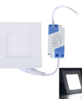 Square LED panel light with power driver, shown lit and unlit, white finish, energy efficient lighting solution for homes and offices.