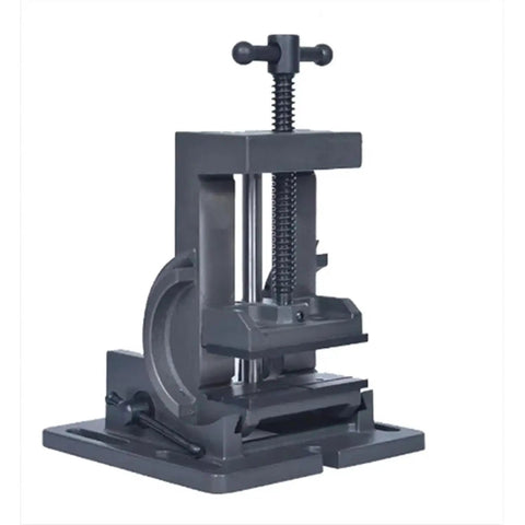 Heavy Duty 4 Inch Precision Milling Vise With Tilting Guide Rod And Adjustable Angle Bench Clamp For Metalworking Jobs And Surface Grinder Work Dead On Accuracy, front view showing adjustable clamp and sturdy design.