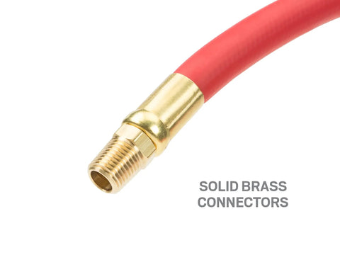 Close-up of Three Eighth Inch ID Six Foot Hybrid Lead In Air Hose With 300 PSI Rating, showing solid brass connectors.