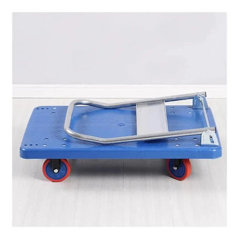 Heavy Duty Foldable Rolling Dolly, No Sweat Hauling With Silent Wheels, Space Saving Steel Frame Pushcart For Quick Home Moves And Warehouse Jobs, Solid Blue Build, side view, folded flat.