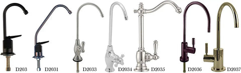 Variety of faucets including the 6 Inch Touch-Flo Cold Water Dispenser Faucet With Matte Black Finish showcased with others.