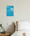 Ocean Vibe 8x12 Inch Aluminum Metal Sign For Man Caves Garages And Kitchens Vintage Coastal Wall Decor displayed above a bed