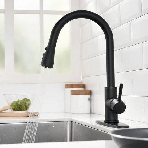 Matte Black Kitchen Faucet With Pull Down And Pull Out Sprayers, One Hole Deck Mount, Single Handle Stainless Steel Assembly, 3 Spray Modes