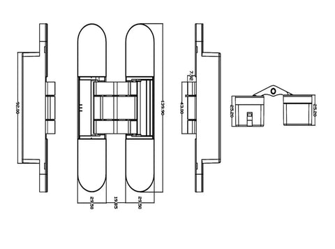 Technical drawing of 180 Degree 3D Adjustable Concealed Invisible Door Hinge For Hidden Install, dimensions included.