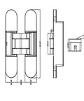Technical drawing of 3D Adjustable Hidden Door Hinge Concealed Cabinet Hinge for Modern Homes Easy Install durable steel hardware