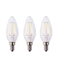 25 Watt Equivalent B11 E12 Base Dimmable Clear Filament Vintage Style LED Light Bulbs Soft White 2700K 3 Pack shown in a row