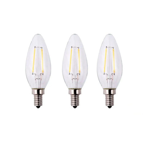 25 Watt Equivalent B11 E12 Base Dimmable Clear Filament Vintage Style LED Light Bulbs Soft White 2700K 3 Pack shown in a row