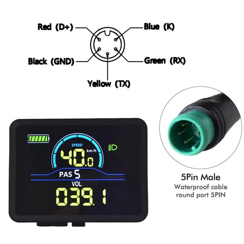 All In One E Bike Display Panel Waterproof LCD Gauge For 24V To 60V E Bikes And Electric Scooters with 5-pin connector visible