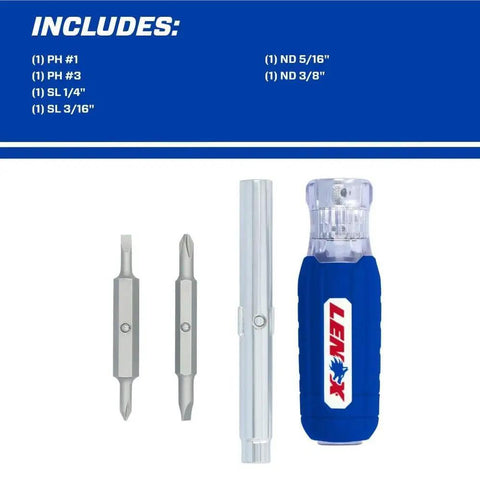 6 In 1 Multi Bit Screwdriver With In-Handle Storage shown with dual sided removable shafts and slip resistant grip