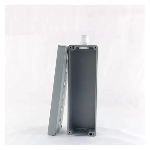 Side view of CAARLA push-button control box, cast aluminium, IP67 waterproof, 22mm hole, 2-hole design, lid open