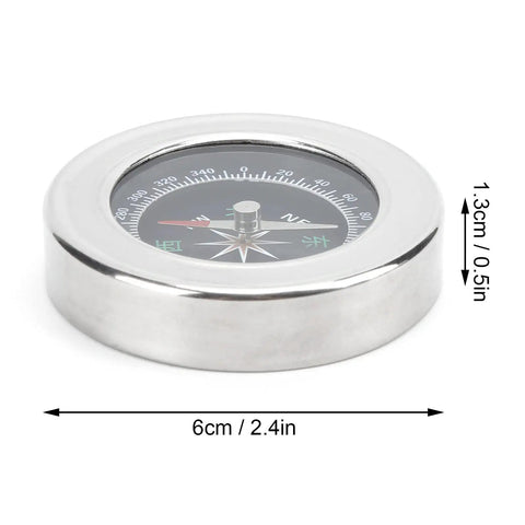Close-up of Mini Stainless Steel Compass For Camping And Hiking, showing 60mm portable lightweight design, on white background.
