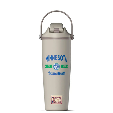 Heavy Duty 32 Oz Insulated Stainless Steel Water Bottle Features Minnesota Timberwolves Logo with a secure lid.