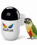 Lightweight 9g Bird Tracking Leg Ring For Parrots And Small Birds next to green parrot, Peace Of Mind Location Monitor shown