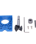 Pro 35mm Hinge Hole Saw Jig Set With ABS Cabinet Locator For Door Installers, with metal drill bit and blue jig.