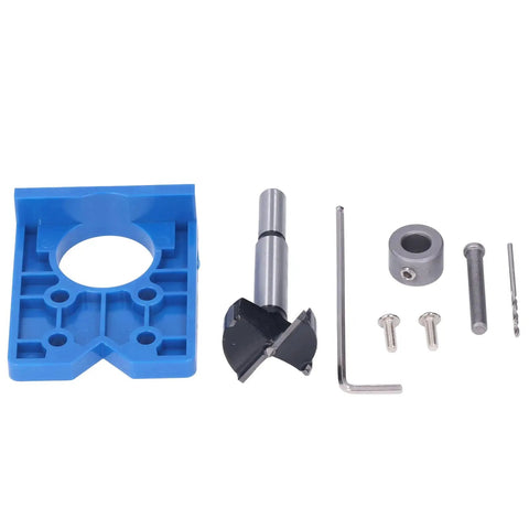 Pro 35mm Hinge Hole Saw Jig Set With ABS Cabinet Locator For Door Installers, with metal drill bit and blue jig.
