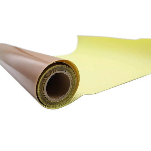 Close-up of a rolled 36 Inch By 15 Foot PTFE Coated Heat Press Cover Sheet Self Adhesive Fiberglass Fabric, 5 Mil Thick, showing brown surface