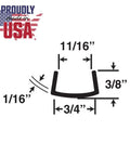 Diagram of Matte Black Three Quarter Inch Styrene U Channel And C Channel Edging Strips 36 Inch with dimensional labels