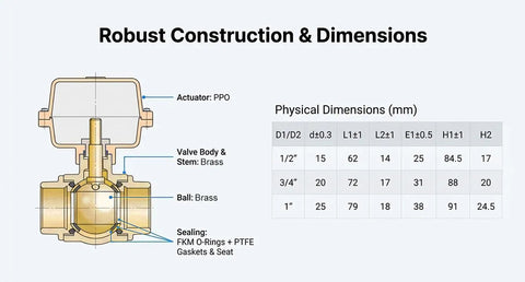 Technical diagram showing Two Way Timer Drain Valve With Automatic Electric Motorized Ball Valve Digital Timing Control 00:00-99:59:59 IP67 Rated For Fluid Water And Air Systems Brass 1 Inch NPT 9 To 24V AC DC Durable Brass Body dimensions.