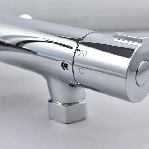 Heavy Duty Solid Brass Thermostatic Mixing Valve For Concealed Wall Piping Featuring Spot On Temp Control and No Sweat Installation close-up view.