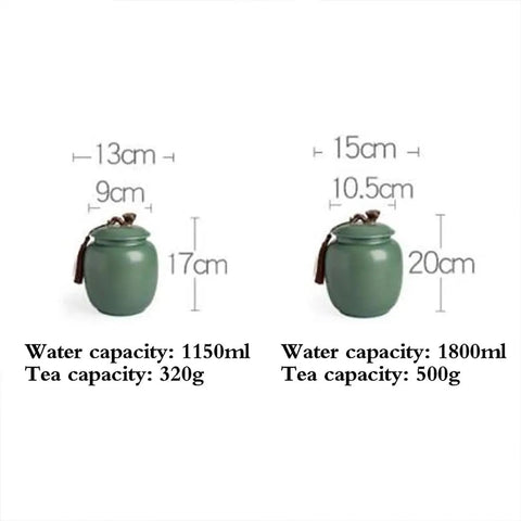 Solid Glazed Ceramic Tea Canister With Airtight Ruyi Lid, two sizes displayed, for spices and coffee storage.