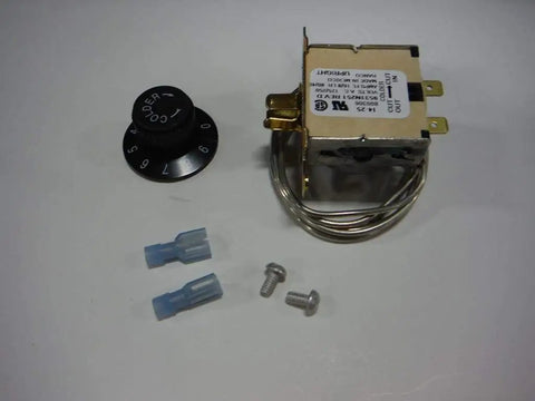 Temperature Control Kit OEM Replacement Part For Commercial Refrigeration Equipment includes dial, thermostat, connectors, and screws.