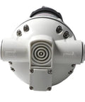 Heavy Duty 12V Def Transfer Pump Shreds Through Fluids With An Epic 10.6 Gpm Flow Rate For Smooth Diesel Exhaust Moves and Bulletproof Suction For Drums Ibc Tanks And Jobsites, top view with IN and OUT ports.