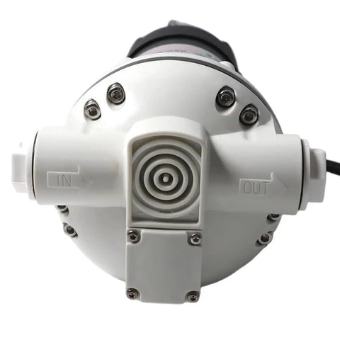Heavy Duty 12V Def Transfer Pump Shreds Through Fluids With An Epic 10.6 Gpm Flow Rate For Smooth Diesel Exhaust Moves and Bulletproof Suction For Drums Ibc Tanks And Jobsites, top view with IN and OUT ports.