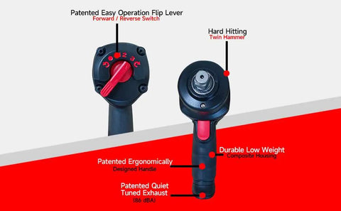 Heavy Duty Three Quarter Inch Magnesium Air Impact Wrench with patented handle and flip lever for easy use and control.
