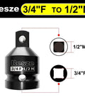 Beefy Impact Socket Adapter And Reducer Set 3/4 To 1/2 Inch Drive Square Adapter Cr-Mo Steel with size diagram on white background