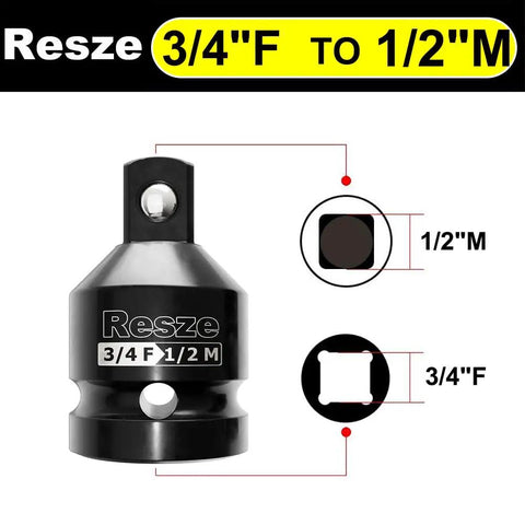 Beefy Impact Socket Adapter And Reducer Set 3/4 To 1/2 Inch Drive Square Adapter Cr-Mo Steel with size diagram on white background