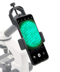 Universal Smartphone Telescope And Microscope Adapter Mount attached to a microscope showing cell imaging on a phone screen