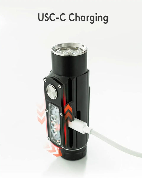 Angel Eyes E700S Beast Mode Bright 2800 Lumen Front Light with 800 Lumen Side LEDs, shown with USB-C charging cable connected.