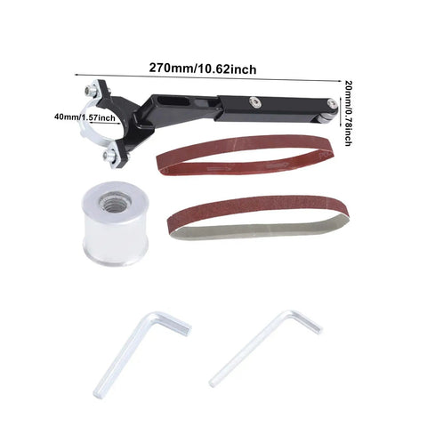 Garage Rat Approved Angle Grinder Belt Sander Adapter Heavy Steel Conversion Kit parts including belts and tools for metalworking.