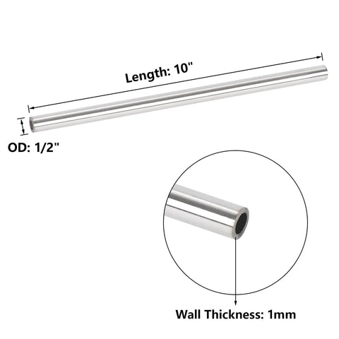 A-KARCK 304 stainless steel tube, 1/2 in OD, 10 in length, 1 mm wall thickness, set of 4