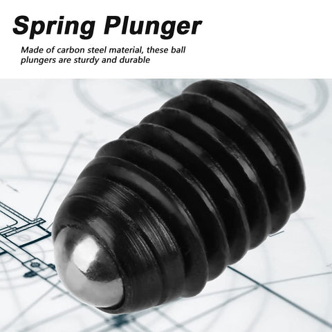 Premium M6 Carbon Steel Spring Plungers Rock Solid Ball Detent Screws Built Hardcore For Precision Clamping And Machine Fixtures Slick Operation 10 Piece Industrial Hardware Set close-up of a black spring plunger with a shiny ball tip.