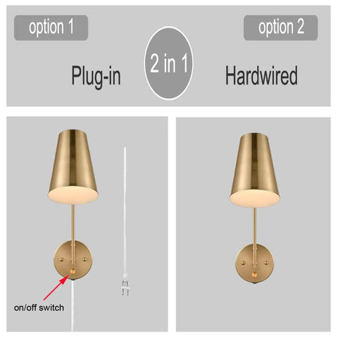 Dope Modern Gold Wall Sconce Set Of 2 With 2 In 1 Plug In Or Hardwired Design, Includes 5.9 ft White Cord and switch