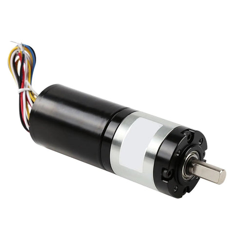 Industrial Heavy Duty Brushless DC Planetary Gear Motor 12V And 24V With Built In Drive For Automation Machinery side view with wires