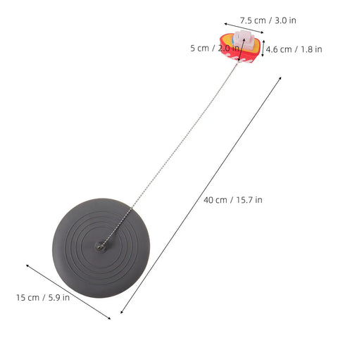 TEHAUX Silicone Bathtub Drain Stopper 6'', playful cartoon design with chain for easy operation, dimensions shown.
