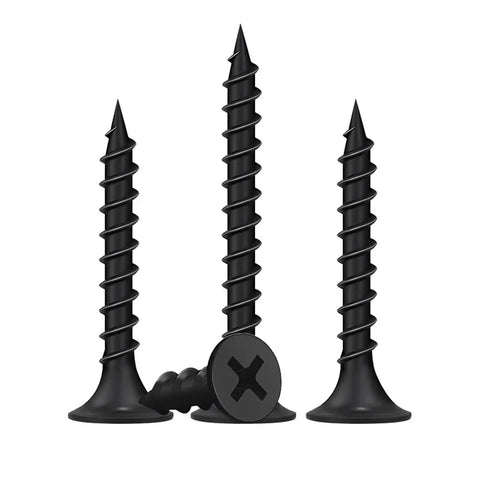 M3.5 Black Flat Head Wood Screws Featuring Phillips Drive For Quick Furniture Fixups And Woodworking Builds, Hella Durable Self Tapping Steel Fasteners.