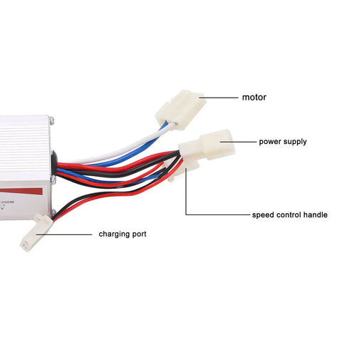 12V 250W Aluminum Alloy Brushed Speed Controller wiring diagram showing motor, power supply, speed control handle, and charging port connectors