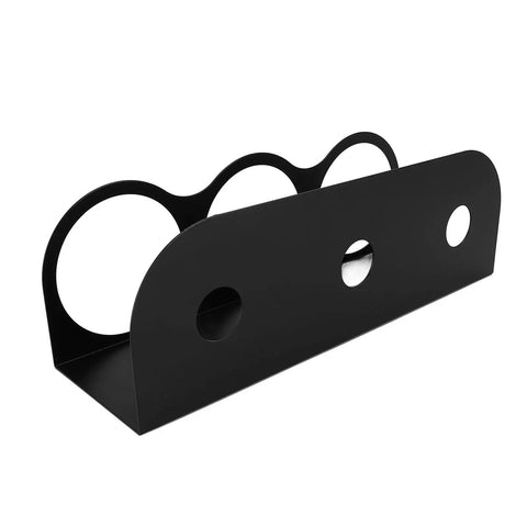 Solid Two Pack Aerosol Bottle Holder Wall Mount For Spray Cans, black steel holder with circular cutouts for storage.