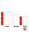Size comparison of deep green kraft paper bags with handles; large, medium, small, shown with red markers