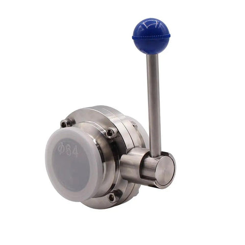 2 Inch Sanitary Butterfly Valve With Pull Handle In 304 Stainless Steel For Tri Clamp Clover System, front view.